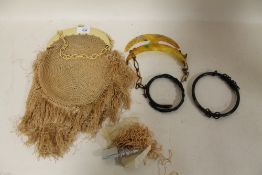 A VINTAGE LADIES EVENING BAG TOGETHER WITH FOUR VINTAGE BAG HANDLES