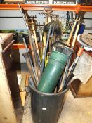 A BIN OF GARDEN TOOLS ETC