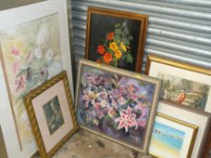 A COLLECTION OF ASSORTED PICTURES AND PRINTS TO INCLUDE STILL LIFE STUDIES OF FLOWERS, WATERCOLOUR