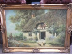 A LARGE GILT FRAMED OIL ON CANVAS DEPICTING CHICKENS BEFORE A THATCHED COTTAGE SIZE - 91.5CM X 61CM