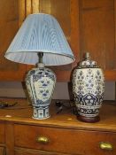 TWO LARGE MODERN BLUE & WHITE TABLE LAMPS - ONE SHADE (2)