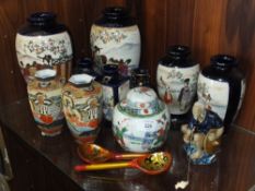 A SELECTION OF ORIENTAL VASES AND A FIGURE OF A CHINESE FISHERMAN (SOME DAMAGES TO INCLUDE ONE