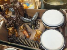 A WOODEN CROQUET SET TOGETHER WITH A BOX OF COLLECTABLES TO INCLUDE BONGO DRUMS, BULLET CHAIN,