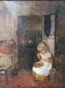(XIX) ENGLISH SCHOOL. Cottage interior scene with young girl peeling vegetables, and a black cat,