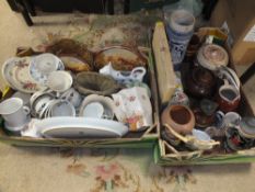 TWO TRAYS OF ASSORTED CERAMICS AND CHINA TO INCLUDE TEA POTS
