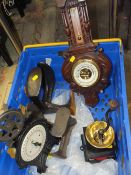 A VINTAGE CARVED OAK BAROMETER TOGETHER WITH TWO BOOT LASTS, A SET OF SCALES AND TABLE TOP