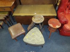 AN ANTIQUE PINE BLANKET BOX WITH PADDED LID L-115 CM WITH 3 OCCASIONAL STOOLS AND A SEWING BOX (5)