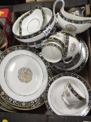 A TRAY OF WEDGWOOD RUNNYMEDE CHINA TO INCLUDE DINNER PLATES, TUREENS, CUPS AND SAUCERS ETC.