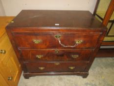 AN ANTIQUE THREE DRAWER CHEST OF DRAWERS, H 93 W 103 CM - rear foot / support missing