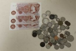 A SELECTION OF COINS AND NOTES TO INCLUDE PRE-DECIMAL EXAMPLES, 10 SHILLING NOTES ETC.