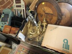 TWO TRAYS OF TREEN AND METAL COLLECTABLES TO INCLUDE INLAID GERMAN TRAYS, BLOW LAMP, POST BOX ETC.