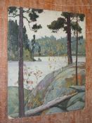 AN UNFRAMED OIL ON BOARD OF A WOODED ROCKY LAKE SCENE SIGNED C A REID 30.5 X 25.5 CM