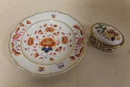 AN EARLY CROWN DERBY CABINET PLATE WITH AN EARLY CROWN CROSS SWORDS MARK, TOGETHER WITH A MODERN