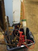 A BOX OF VINTAGE TOOLS TOGETHER WITH TWO BRASS PUMPS A TRAILER BOARD AND A SET OF AIR HORNS