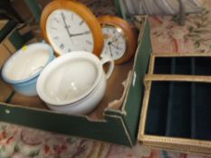 TWO MODERN CIRCULAR WALL CLOCKS TOGETHER WITH TWO BED PANS AND A CUTLERY TRAY