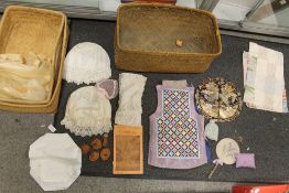 A COLLECTION OF HAND STITCHED EMBROIDERIES, HAND STITCHED CHILDS TABARD, VINTAGE LACE ETC TOGETHER