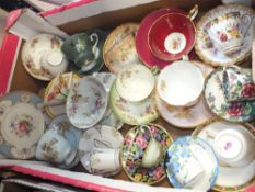 A TRAY OF CABINET CUP AND SAUCERS TO INCLUDE AYNSLEY, SPODE, MINTON AND CROWN STAFFS EXAMPLES