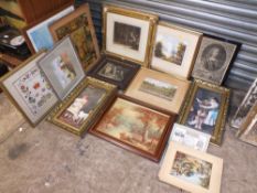 A COLLECTION OF ASSORTED PICTURES AND PRINTS TO INCLUDE ANTIQUE ENGRAVINGS, WATERCOLOURS, RIVER