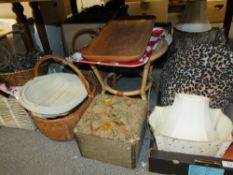 A LARGE QUANTITY OF HOUSEHOLD SUNDRIES TO INCLUDE WICKER BASKETS, VINTAGE HAND STITCHED