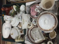 TWO TRAYS OF CHINA AND CERAMICS TO INCLUDE ROYAL DOULTON GOLD LACE TUREENS, PORTMEIRION, ROYAL