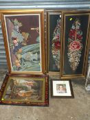 THREE FRAMED AND GLAZED CROSS STITCH PICTURES TOGETHER WITH TWO PRINTS