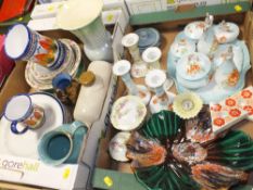 TWO TRAYS OF ASSORTED CERAMICS TO INCLUDE FLORAL DRESSING TABLE ITEMS, SYLVAC VASE ETC.