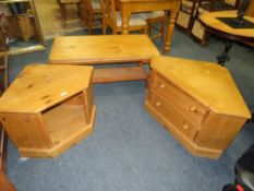 TWO SMALL HONEY PINE TV UNITS TOGETHER WITH A COFFEE TABLE (3)