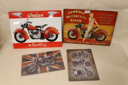 FOUR REPRODUCTION ENAMEL MOTORCYCLE SIGNS TO INCLUDE INDIAN ROAD KING, TRIUMPH AND BSA