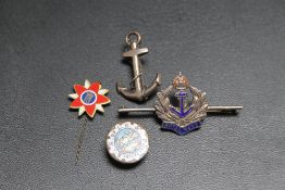 FOUR ASSORTED BADGES TO INCLUDE A STERLING SILVER ROYAL NAVY ENAMEL PIN BROOCH, (4)