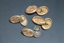 FOUR HALLMARKED 9 CARAT GOLD CUFFLINKS, one with amateur solder repair, approx combined weight 7.2g