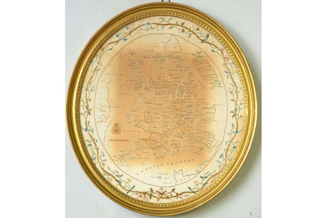 Seidenstickerei Englands mit den Grafschaften, ca. um 1900