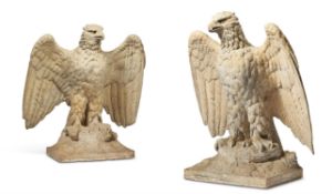 A PAIR OF DOULTON LAMBETH STONEWARE MODELS OF EAGLE DISPLAYED PIER FINIALS