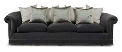 A PAIR OF BLUE VELVET UPHOLSTERED THREE SEAT SOFAS, BY A MODERN GRAND TOUR