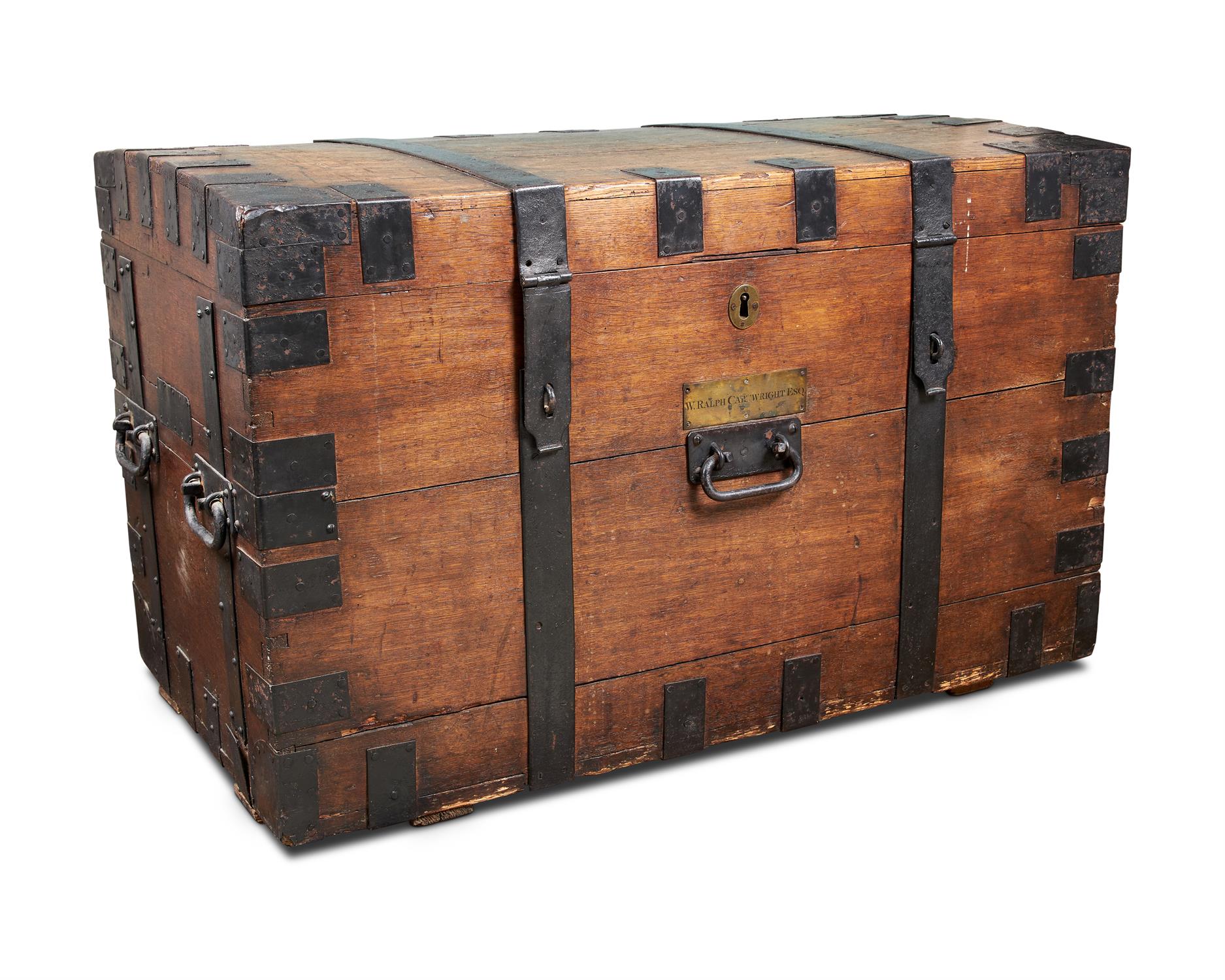 AN OAK AND IRON BOUND SILVER CHEST, 19TH CENTURY