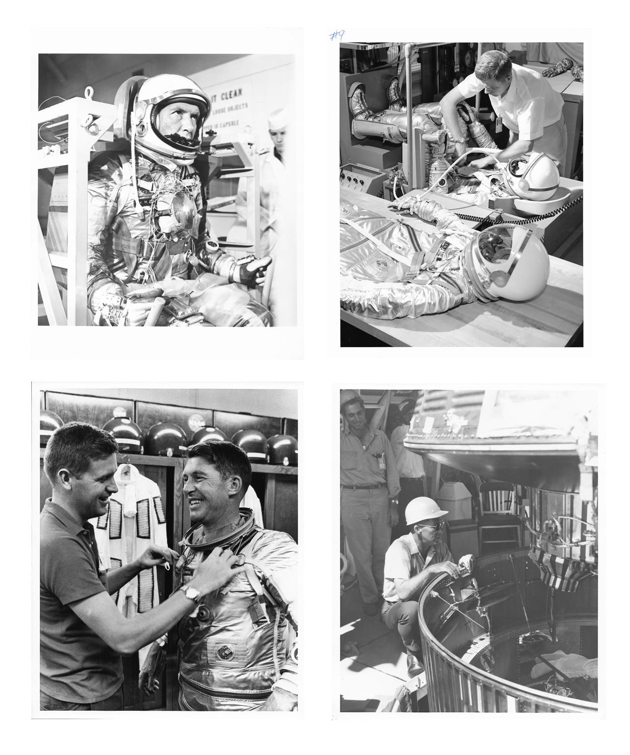 Four views of Walter Schirra preparing for the first six-orbit flight, Mercury Atlas 8, 1962