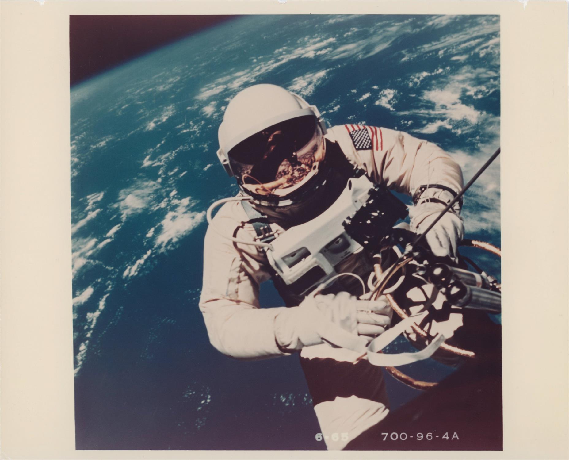 The first photograph of a human in space taken during the first U.S. spacewalk, Gemini 4, June 1965