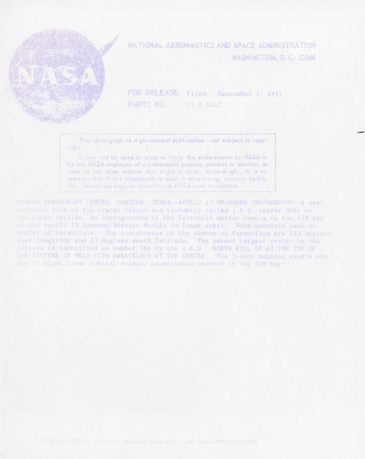 Orbital moonscapes by Fairchild metric and Itek panoramic cameras, Apollo 15, July-August 1971 - Image 7 of 7