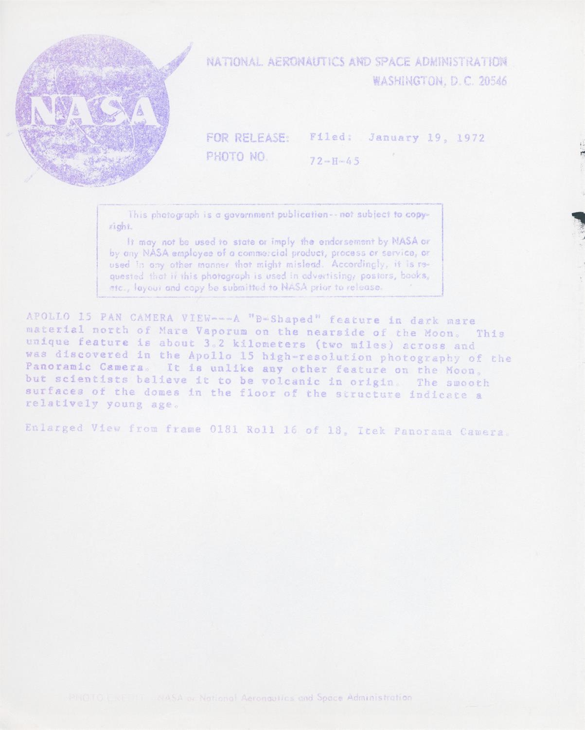 Orbital moonscapes by Fairchild metric and Itek panoramic cameras, Apollo 15, July-August 1971 - Image 5 of 7