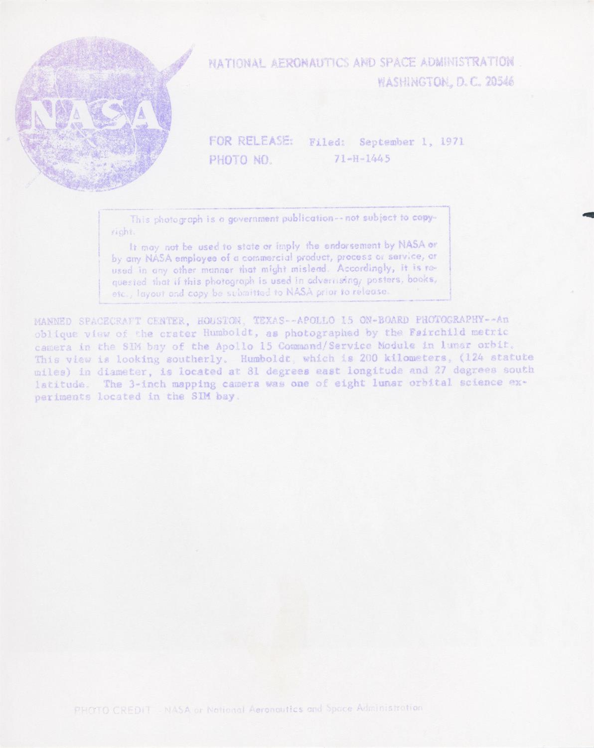 Orbital moonscapes by Fairchild metric and Itek panoramic cameras, Apollo 15, July-August 1971 - Image 3 of 7