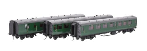 A rake of three gauge 1 Bulleid British Rail passenger coaches