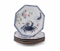 An unusual set of six Chinese Export Famille Rose 'Crab and Prawn' plates