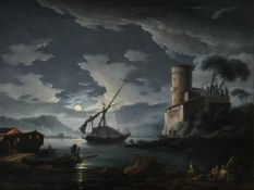 Carlo Bonavia (Italian fl. 1788), Mediterranean harbour by moonlight