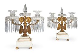 A PAIR OF CUT-GLASS, GILT-METAL AND MARBLE CANDELABRA