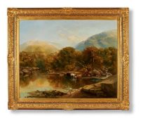 THOMAS CRESWICK (BRITISH 1811-1869), AFTERNOON, CATTLE WATERING BY A LAKE IN A MOUNTAINOUS LANDSCAPE