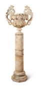 AN ITALIAN ALABASTER TWIN HANDLED URN ON PEDESTAL, 19TH CENTURY
