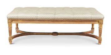 A LARGE GILTWOOD FRAMED CENTRE STOOL, LATE 19TH/EARLY 20TH CENTURY