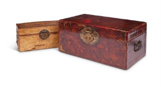 A RED AND GILT JAPANNED BOX AND HINGED COVER
