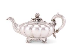 Y A George IV silver melon shape tea pot by Edward, Edward junior, John & William Barnard