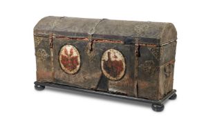 A PAIR OF GERMAN IRON MOUNTED LEATHER CHESTS, LATE 17TH CENTURY