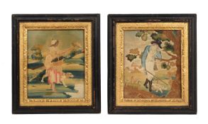 Two similar George III silk-work bucolic framed and glazed pictures
